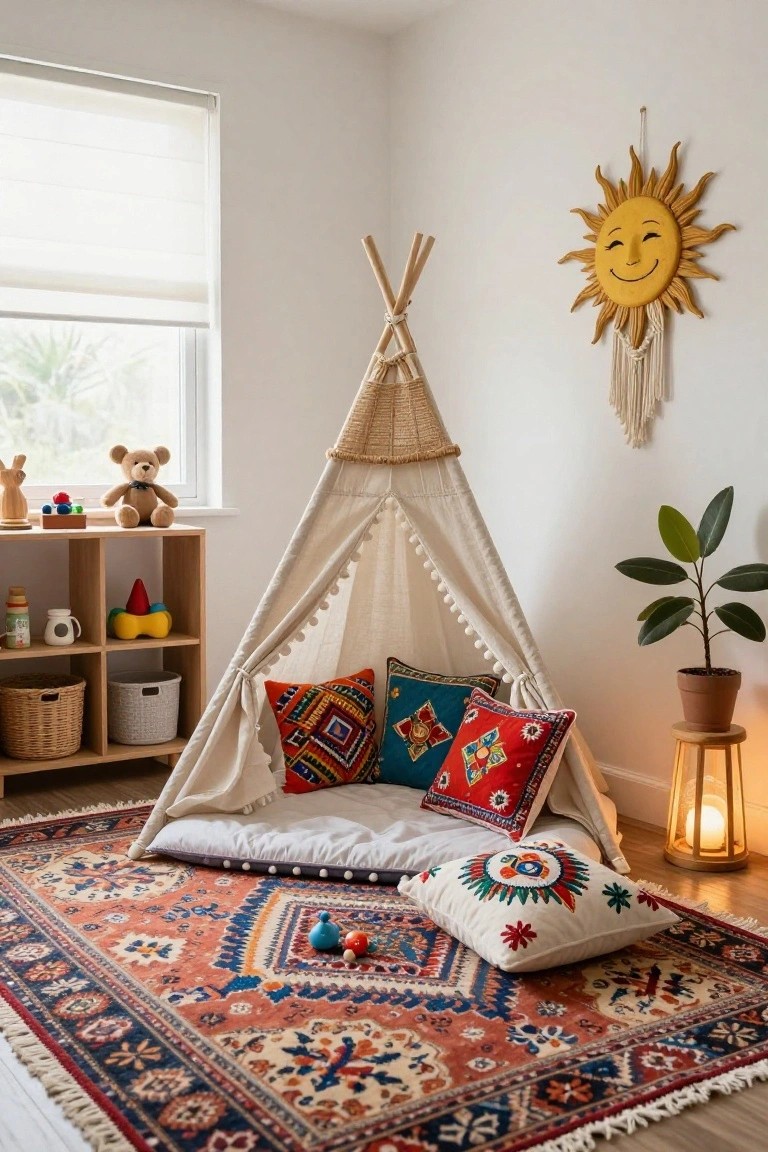 Children's bedroom corner with a white fabric teepee tent on a colorful woven rug, filled with patterned pillows, next to wooden toy shelves, a potted plant on a stool, and boho wall decor including a smiling sun hanging.