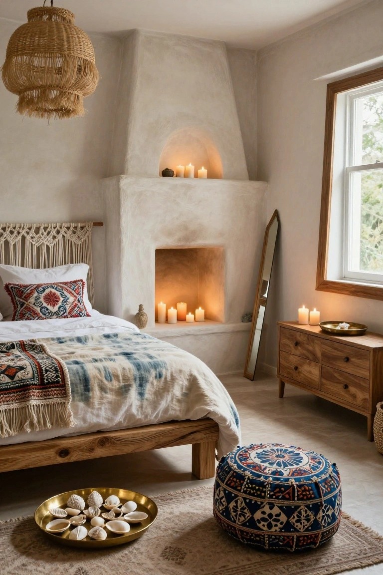 A boho bedroom with whitewashed adobe walls, corner fireplace lit with candles on the mantel, wooden bed with white sheets and patterned quilt, macrame headboard, wooden dresser, tall mirror, pouf stool, rattan pendant light, and brass tray of seashells on the floor.
