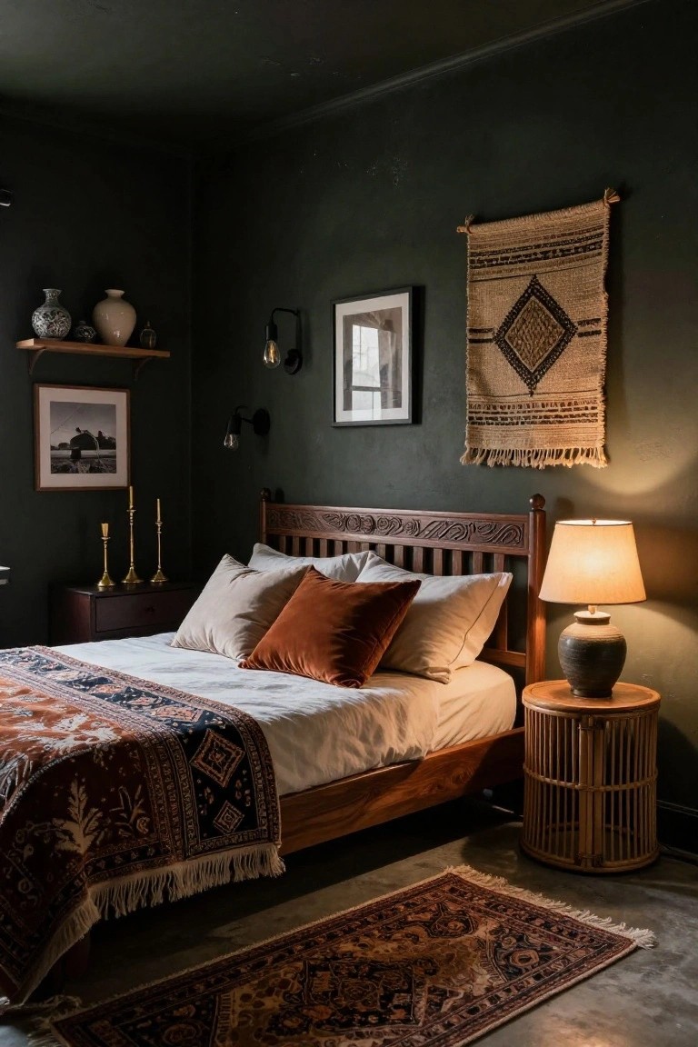 A cozy bedroom featuring dark green walls, a carved wooden bed with white bedding, orange and cream pillows, a large woven tapestry, brass candlesticks on a side table, ceramic vases on shelves, and a patterned rug on a concrete floor.