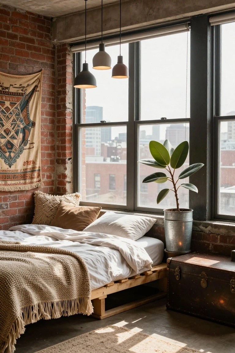 Exposed brick walls in a loft bedroom with a low platform bed covered in white linens and a beige knit throw, textured pillows, pendant lights overhead, a large tapestry hanging on the brick, a potted plant in a metal bucket, a vintage trunk bedside, and large windows showing a cityscape.