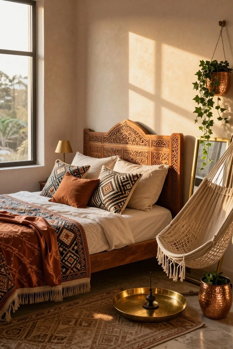 Sunlit bedroom interior with tall carved wooden headboard, patterned pillows and throw on bed, hanging plants, gold lamp, beige walls, hammock chair, and woven rug on floor.