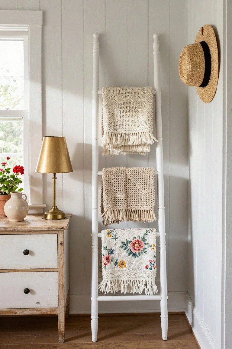 White ladder shelf in a bedroom corner displaying folded woven and fringed blankets in beige tones, beside a wooden nightstand with gold lamp, potted plant, and window with geraniums.