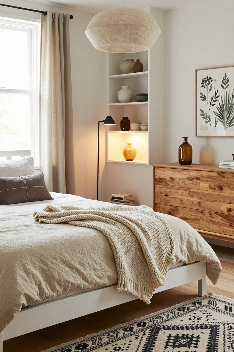 A bedroom with a white bed frame covered in beige linen sheets and pillows plus a white knit throw, next to a light brown wood six-drawer dresser holding books and an amber glass vase, white floating shelves displaying pottery and plants, a floor lamp, large framed botanical artwork, sheer curtains on a window, and a black patterned rug on wood floors.