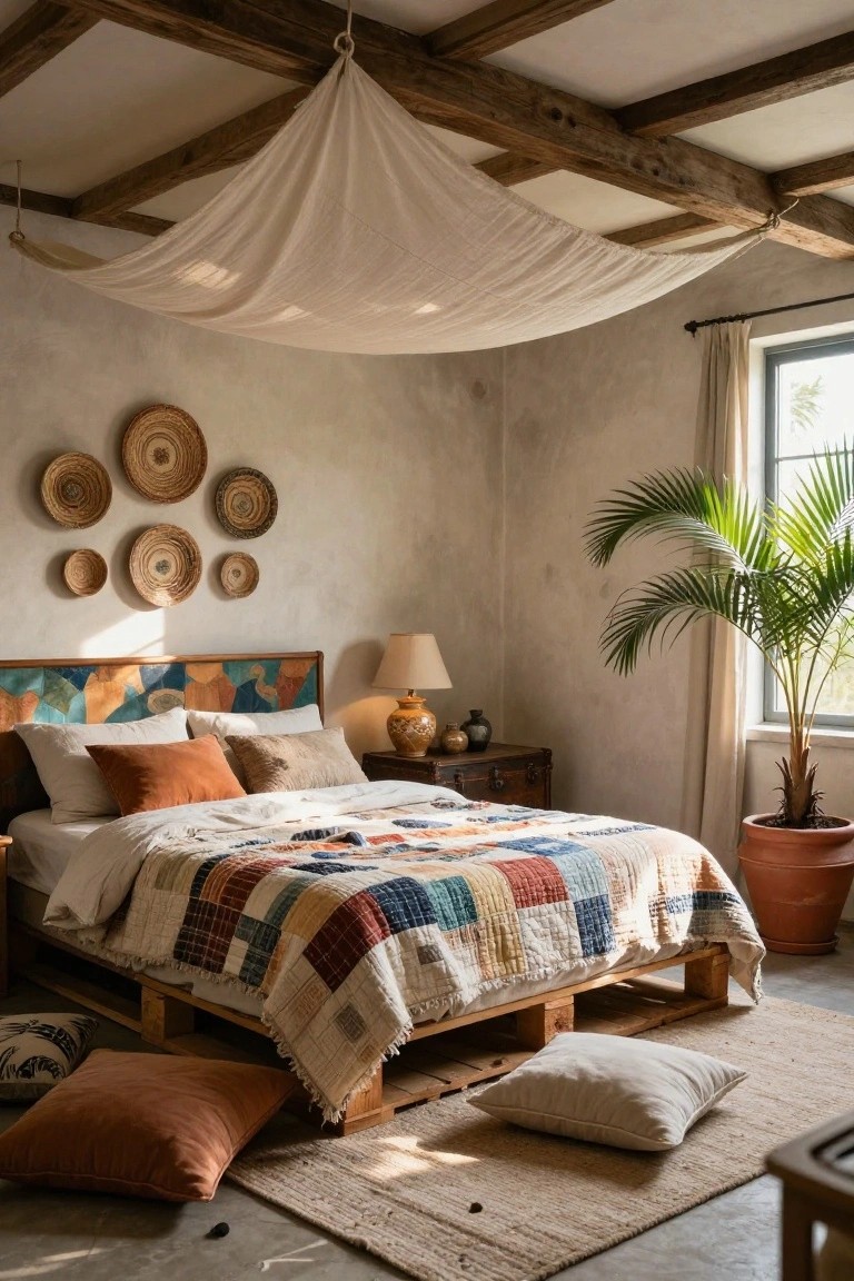 Boho bedroom with low wooden pallet bed frame topped by multicolored patchwork quilt, white sheer canopy from ceiling beams, woven baskets on textured wall, potted palm plant by window, and floor cushions on seagrass rug.