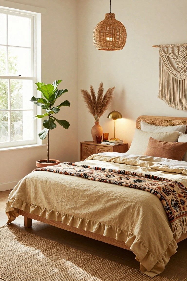 Cozy bedroom featuring a rattan bed, warm tones, plants, and decorative textiles.