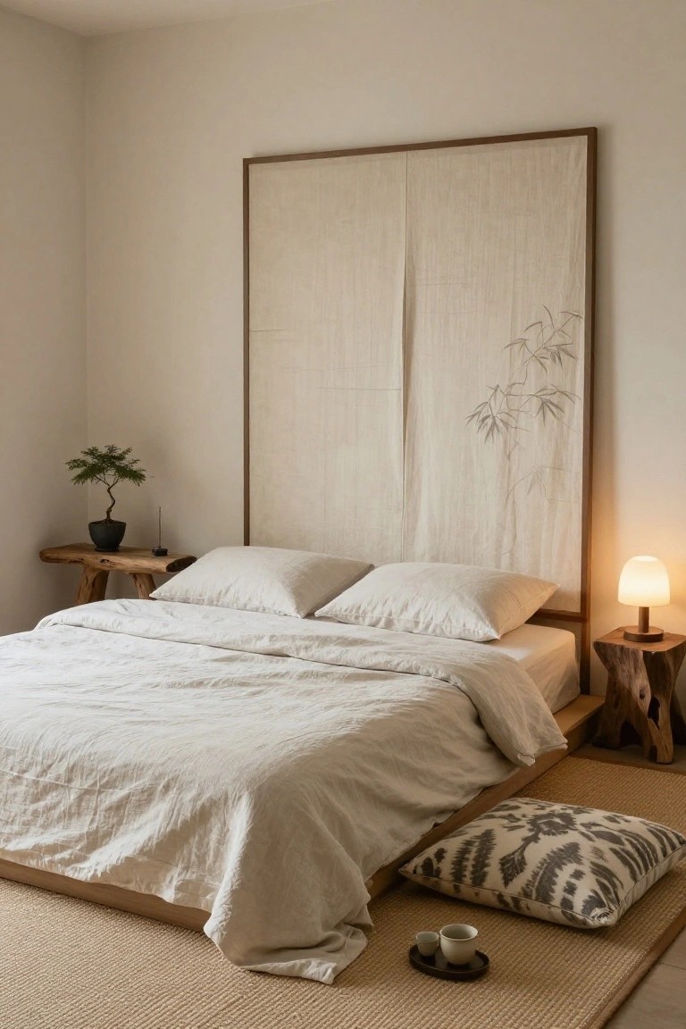 A minimalist bedroom with low platform bed covered in white linen sheets, large framed shoji screen headboard featuring bamboo motif, bonsai plant on wooden side table, milk glass lamp on stump stool, seagrass rug, floor cushion, and tea set on tray.