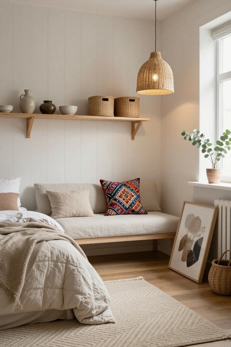 Bedroom corner with wooden floating shelves displaying beige pottery vases, bowls, and woven baskets, a rattan pendant lamp hanging nearby, a bench-style bed with neutral linens and patterned pillows, eucalyptus plant by the window, and a framed abstract print on the floor.