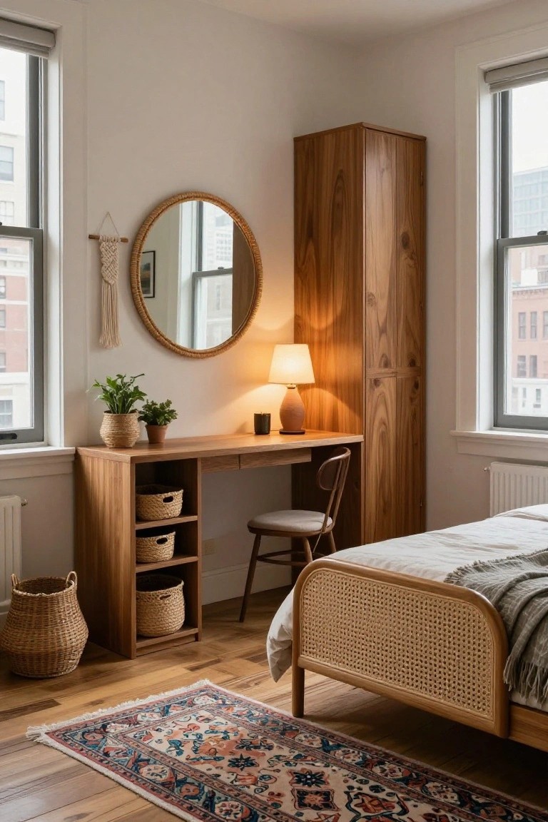 Bright bedroom corner with light wood desk having open lower shelves with woven baskets, tall matching wooden wardrobe, potted plants and lamp on desk, rattan bed frame, round woven mirror on wall, white walls, windows, and patterned rug on wood floor.