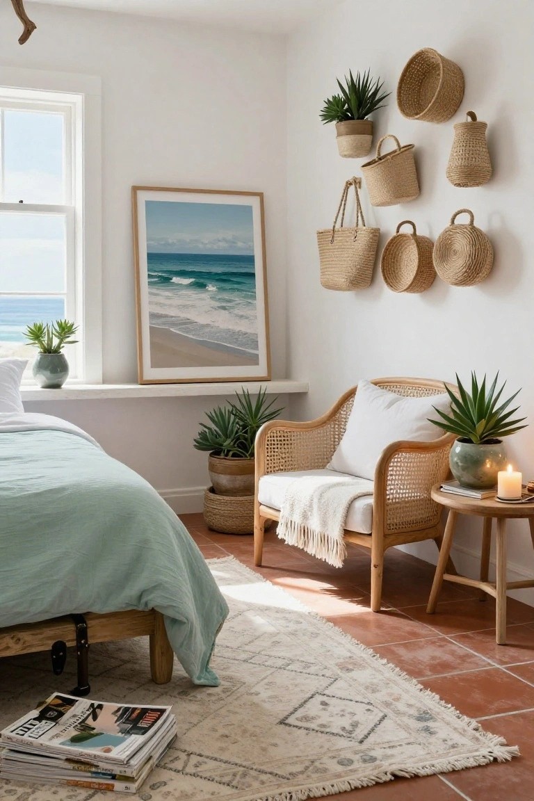 Bedroom corner with a light green bed, rattan armchair and side table with candle, multiple woven baskets hanging on white wall, plants, and framed ocean photo near window.