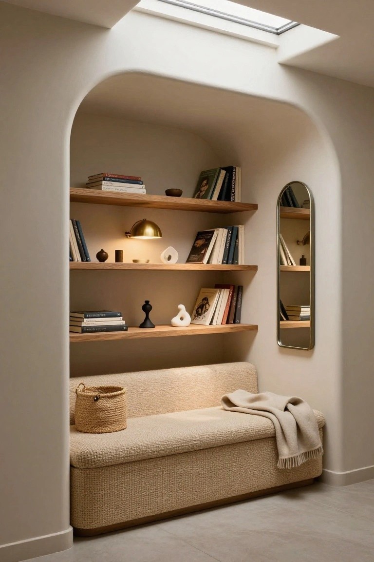 Arched indoor alcove with floating wooden shelves holding books, pottery, and a lit gold sconce, next to a tall arched mirror, and a beige cushioned bench with woven texture, a cream throw blanket, and a basket below a skylight.