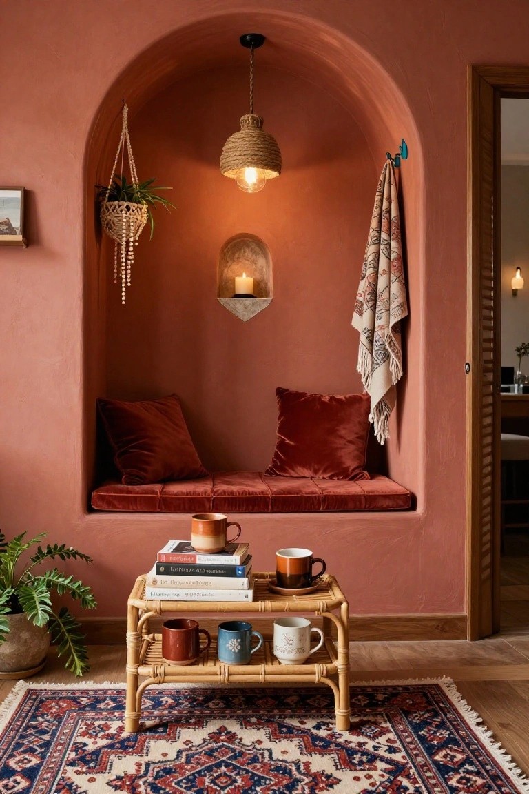 Terracotta-painted arched indoor alcove with red velvet bench cushions, rattan side table holding books and ceramic mugs, hanging plants, woven pendant light, candle niche, and woven throw nearby.