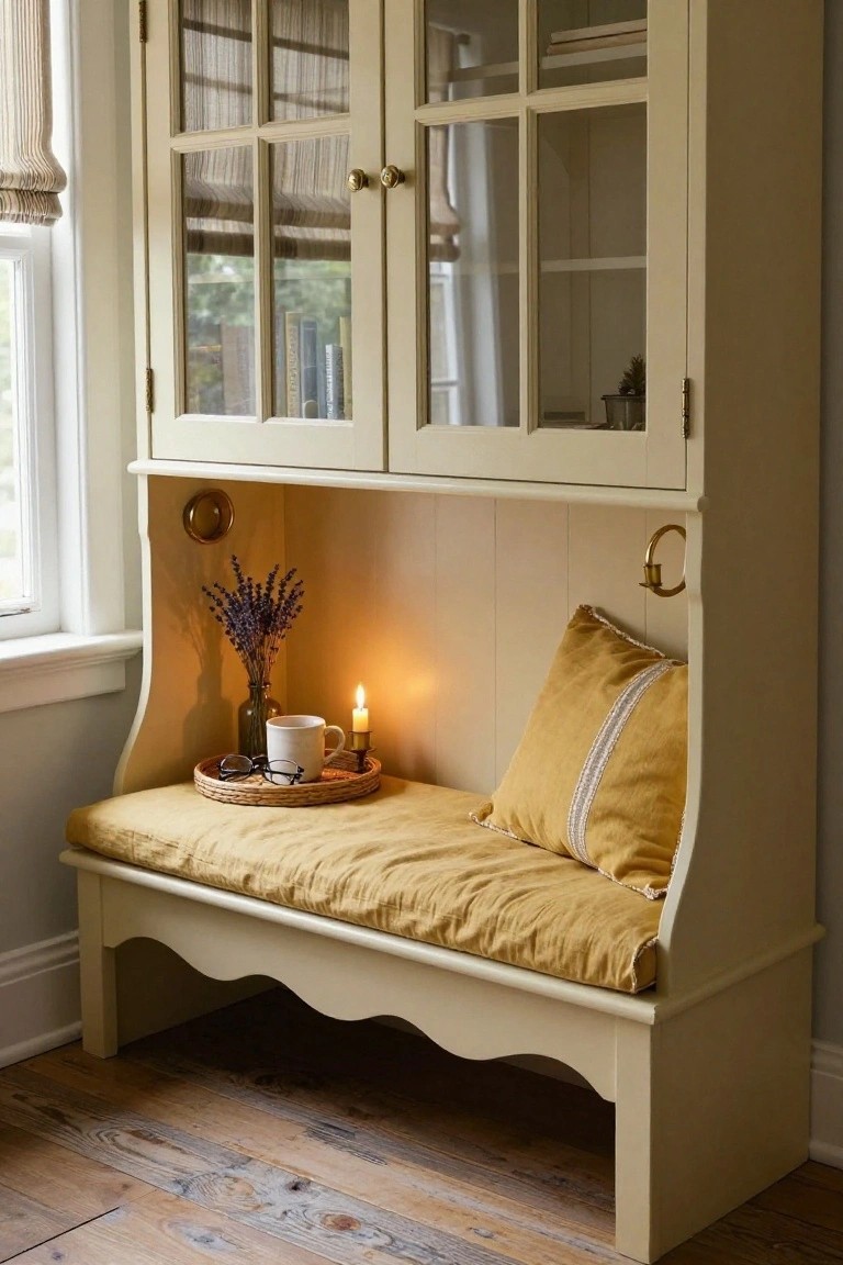 Cream-colored wooden armoire cabinet with glass-front upper doors, open shelves holding books and a small plant, lower built-in bench seat with mustard yellow cushions and pillow, rattan tray on seat holding mug, candle, eyeglasses, and lavender bouquet in glass vase, beside window with sheer shades.