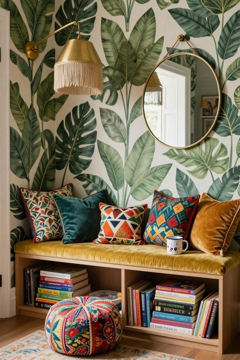 Closet reading nook with green tropical leaf wallpaper on white walls, yellow velvet bench with built-in bookshelves below, colorful patterned pillows, gold swing-arm lamp with fringed shade, gold round mirror, and multicolored pouf ottoman on wood floor.