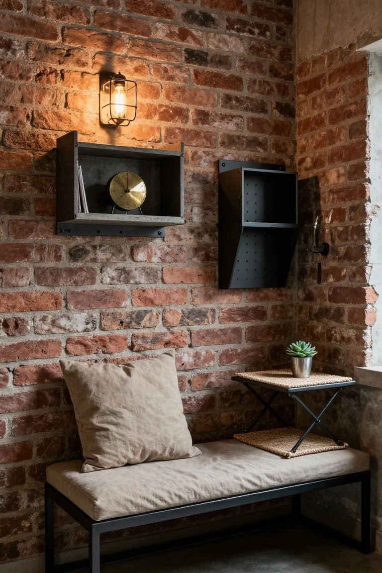 Corner indoor nook with red exposed brick walls, black metal wall shelves holding a clock and books, a wall lantern light, a beige cushioned bench on black metal frame, and a small table with succulent plant.