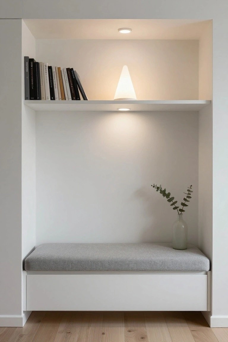 White built-in alcove with upper shelf holding assorted books and a glowing white conical lamp, gray cushioned bench seat below with white base cabinetry, glass vase of eucalyptus branches on the right side, recessed ceiling lights, and light oak wood floor.