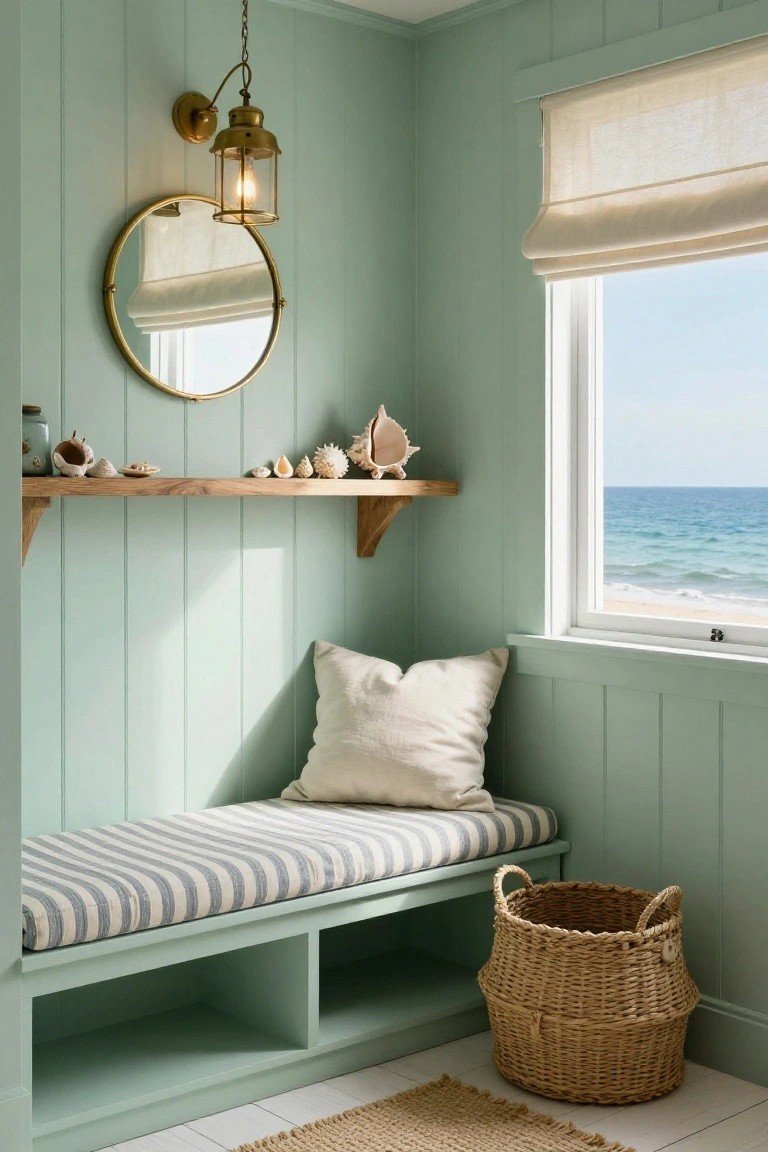 Cozy corner with mint green walls, striped cushion, shells on a shelf, and woven basket.