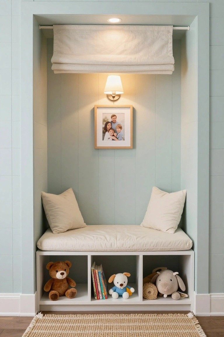 Light blue closet alcove with built-in white bench cushion, two pillows, roman shade above, wall lamp, framed family photo, and cubby shelves holding teddy bear, books, stuffed dog, and elephant toy on seagrass rug.