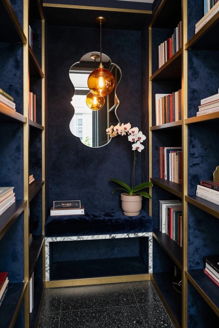 Narrow walk-in closet with navy blue velvet walls and gold-trimmed open bookshelves on both sides filled with books, central marble-topped bench with blue velvet cushion, large arched mirror, two orange pendant lights, potted white orchid, and black terrazzo floor.
