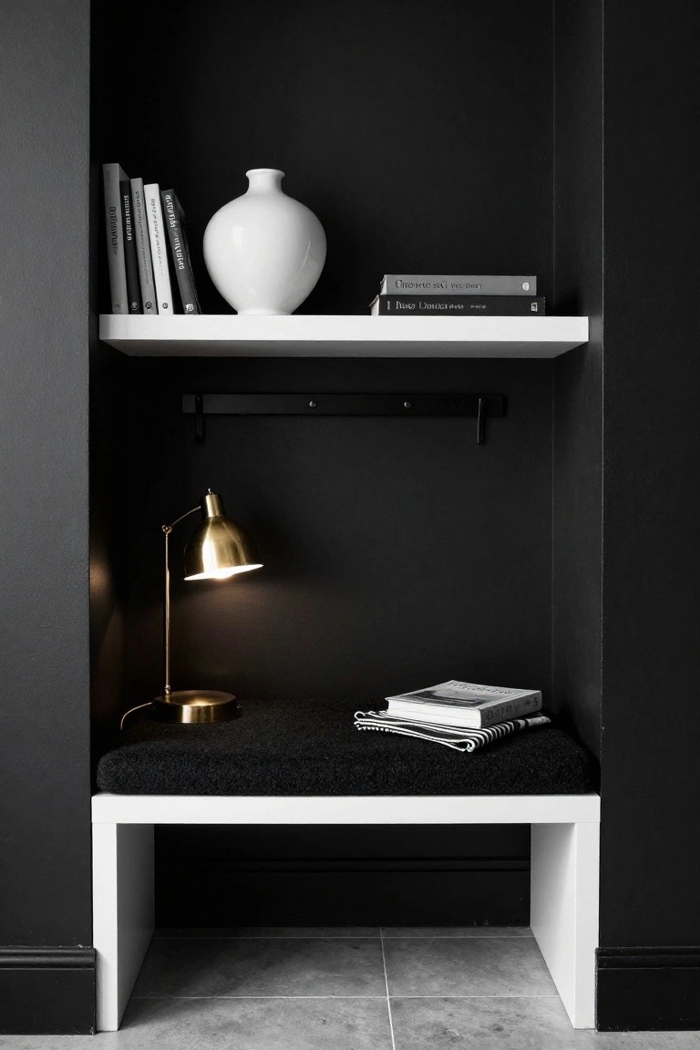 Recessed closet area with black walls, white floating shelf holding books and white vase above, gold adjustable lamp, and white bench with black cushion and striped towel on tiled floor.