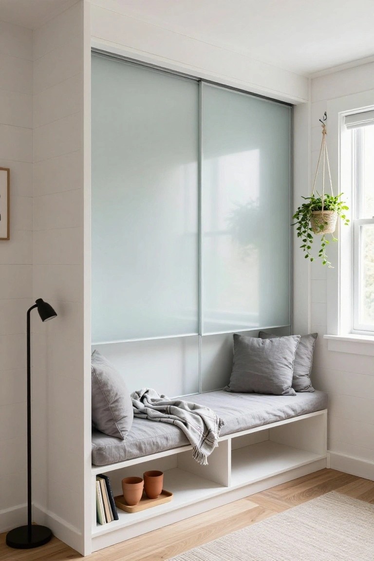 White built-in closet with frosted glass sliding doors contains a gray cushioned bench seat with pillows, throw blanket, and lower storage shelves holding books and terracotta pots, next to a black floor lamp in a bright room with hardwood floors and a hanging plant.