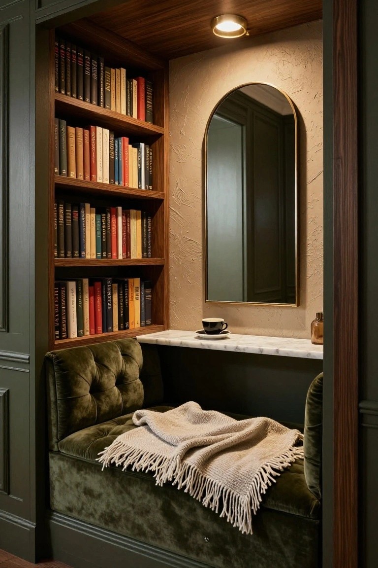 Built-in closet reading nook with wooden bookshelves filled with books, green tufted velvet bench with cream throw blanket, gold arched mirror, marble ledge holding coffee cup and vase.