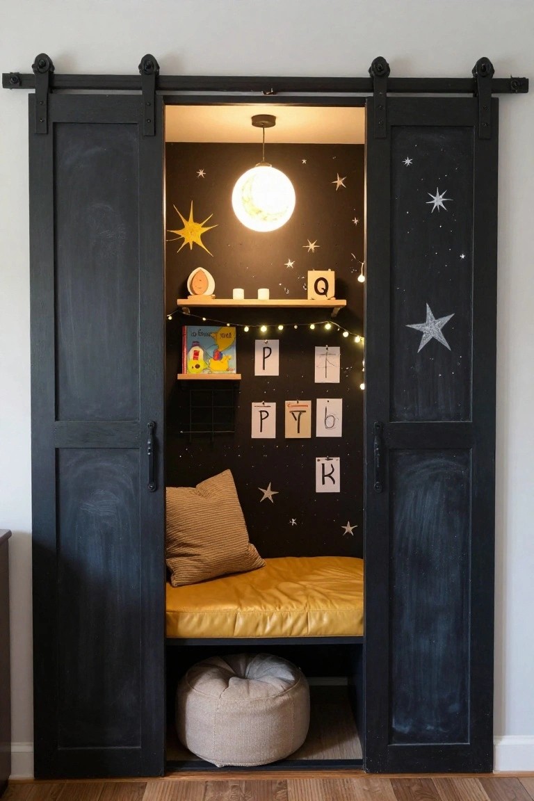 Open black sliding barn doors on a closet reveal an interior with dark starry walls, a hanging moon lamp, yellow mattress, beige pillows, books on shelves, letter cards, and a floor pouf.