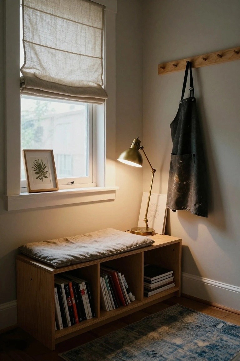 Wooden bench with cushioned top and open bookshelves below positioned under a window, with a gold desk lamp on the bench, books on shelves, a framed leaf print on the windowsill, and a black apron hanging on a wall hook in a light gray room.