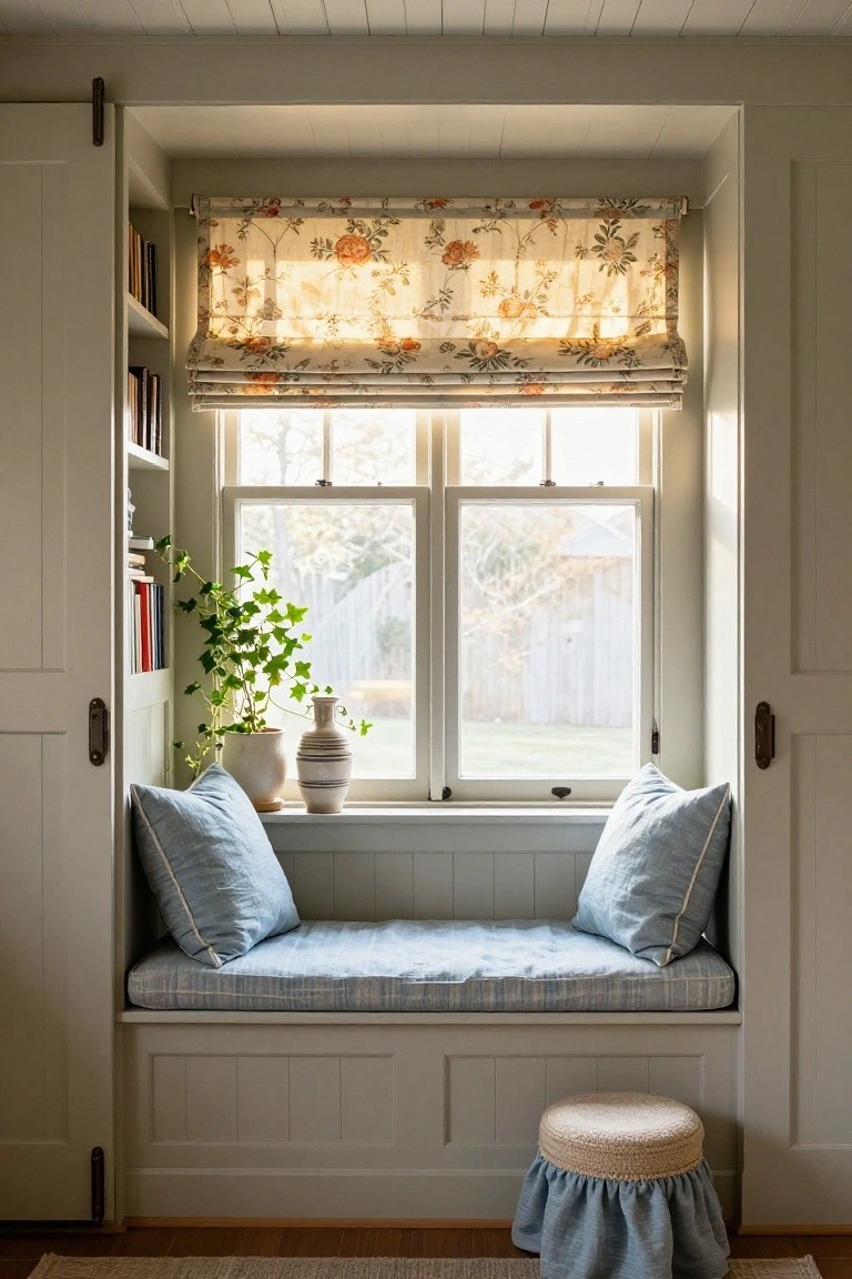 Cozy closet reading nook with built-in cushioned bench under a double window, flanked by open bookshelves, potted ivy plant, ceramic vase, blue pillows, and small skirted stool on wood floor.