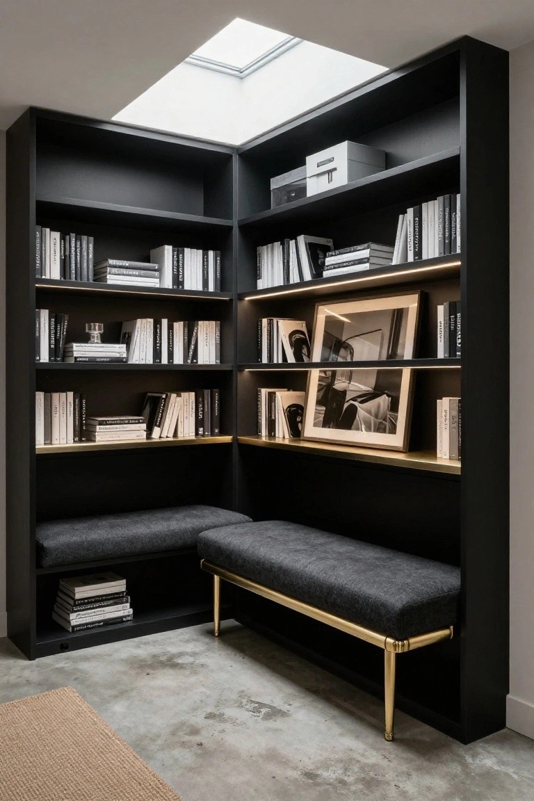 Corner black built-in bookshelves filled with white books, decorative objects, and a framed black-and-white photo, with a gray upholstered bench on brass legs underneath and a skylight above on a concrete floor with a rug.