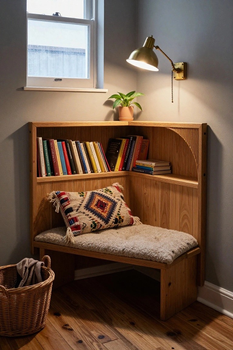 Wooden corner built-in unit with curved shelves holding colorful books above a cushioned bench seat, beside a wall lamp, potted plant, and wicker basket in a gray room with window and wood floor.