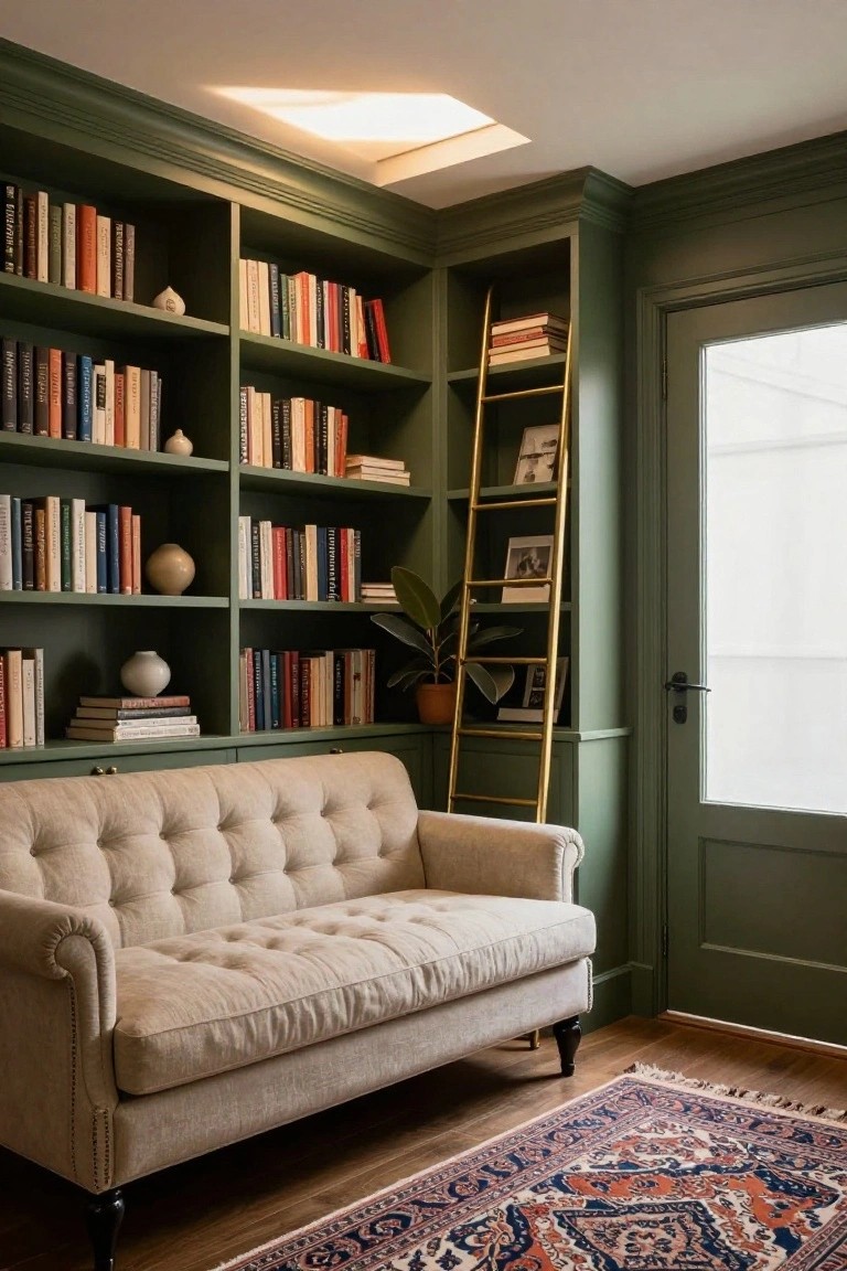Green built-in bookshelves filled with books and decor, gold rolling ladder, beige tufted sofa, plants, and patterned rug in a small room with glass door.