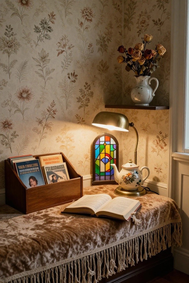 Cozy indoor corner with beige floral wallpaper on walls, wooden book rack holding paperback and hardcover books, open book on fringed beige velvet bench, brass adjustable lamp with stained glass shade next to small stained glass window, white pitcher with dried roses on shelf, and colorful teapot.