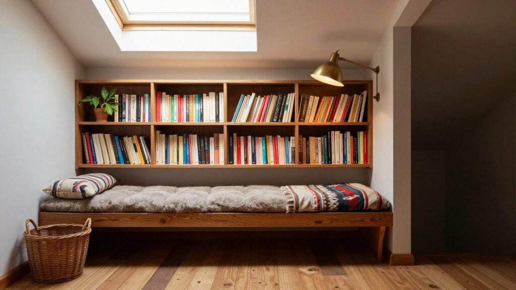 23 Inviting Closet Reading Nook Ideas With Surprise Style Wooden corner built-in unit with curved shelves holding colorful books above a cushioned bench seat, beside a wall lamp, potted plant, and wicker basket in a gray room with window and wood floor.