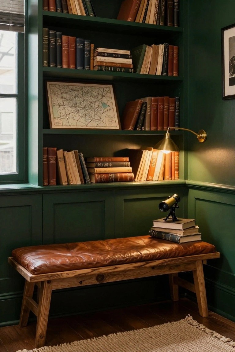 Emerald green paneled closet interior with floor-to-ceiling bookshelves filled with assorted books, brass swing-arm wall lamp illuminating shelves, framed vintage map on wall, brass telescope on stack of books next to tufted brown leather bench on wooden legs, jute rug on hardwood floor.