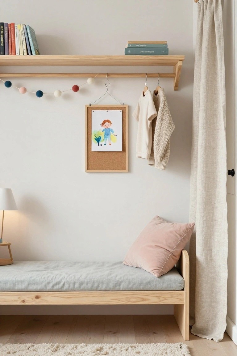 Wooden bench with gray cushion and pink pillow under oak shelves holding books, clothing hooks with shirts and sweater nearby, corkboard with child's drawing, pom-pom garland, lamp on stool, in a light bedroom with beige curtain.