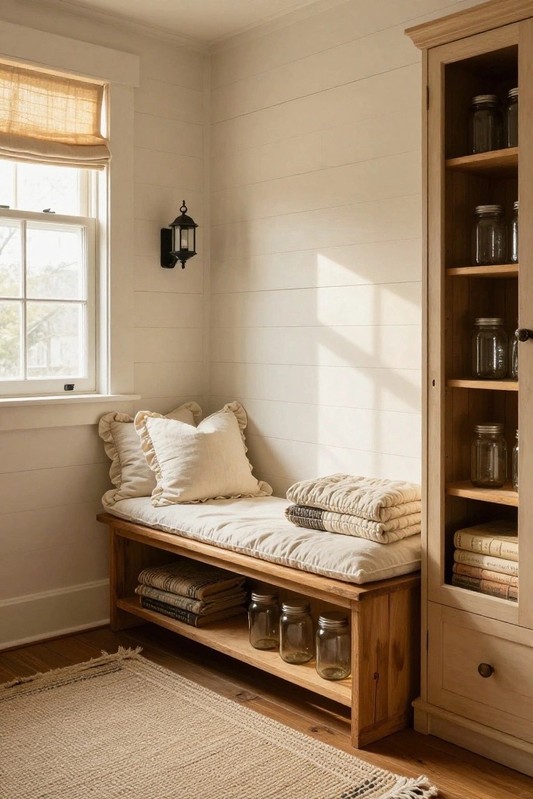 A cozy indoor reading nook with a wooden bench topped by white cushions and pillows under a window, flanked by open wooden shelving stocked with glass jars and books, against white shiplap walls on hardwood floors with a beige rug.