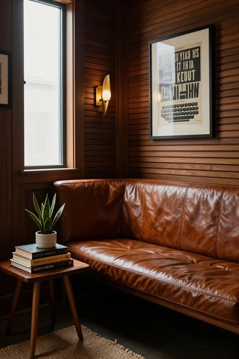 Wood-paneled room with leather sofa, wooden side table holding stacked books and potted snake plant, wall lamp, framed poster of typewriter image, and window.