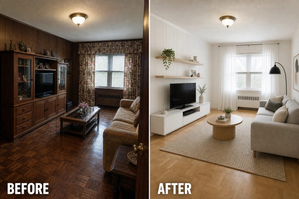 23 Modern Home Remodel Ideas for Dated Interiors With Heavy Wood Tones A side-by-side comparison of a living room before and after modern renovation.