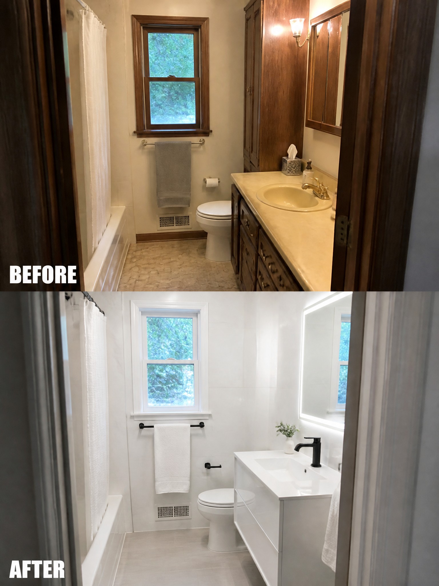Before-and-after image of a bathroom with dark wood vanity and beige countertop changed to a bright white bathroom with modern black fixtures.