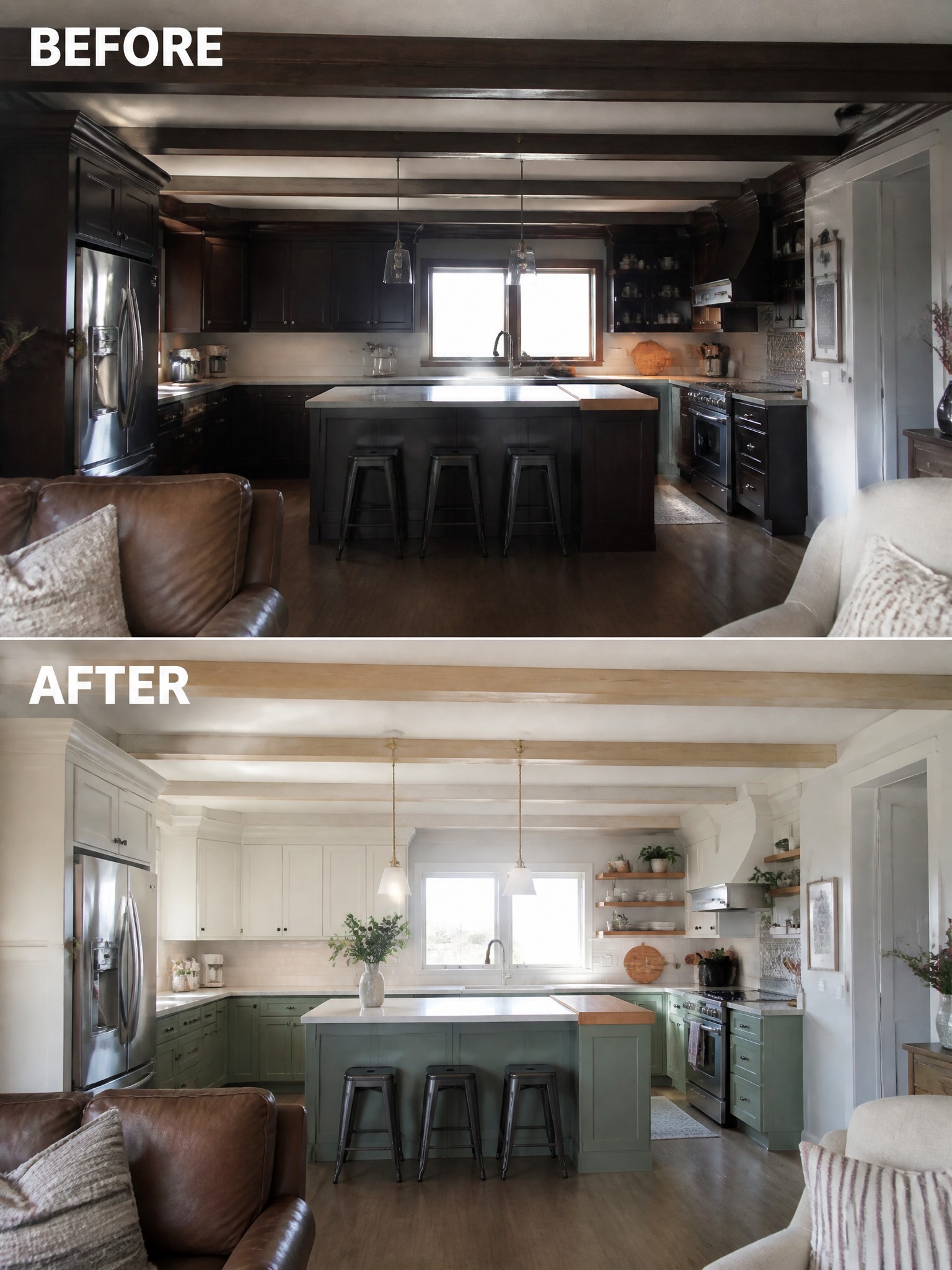 Before-and-after kitchen renovation showcasing dark wood cabinets transformed to light and airy decor.