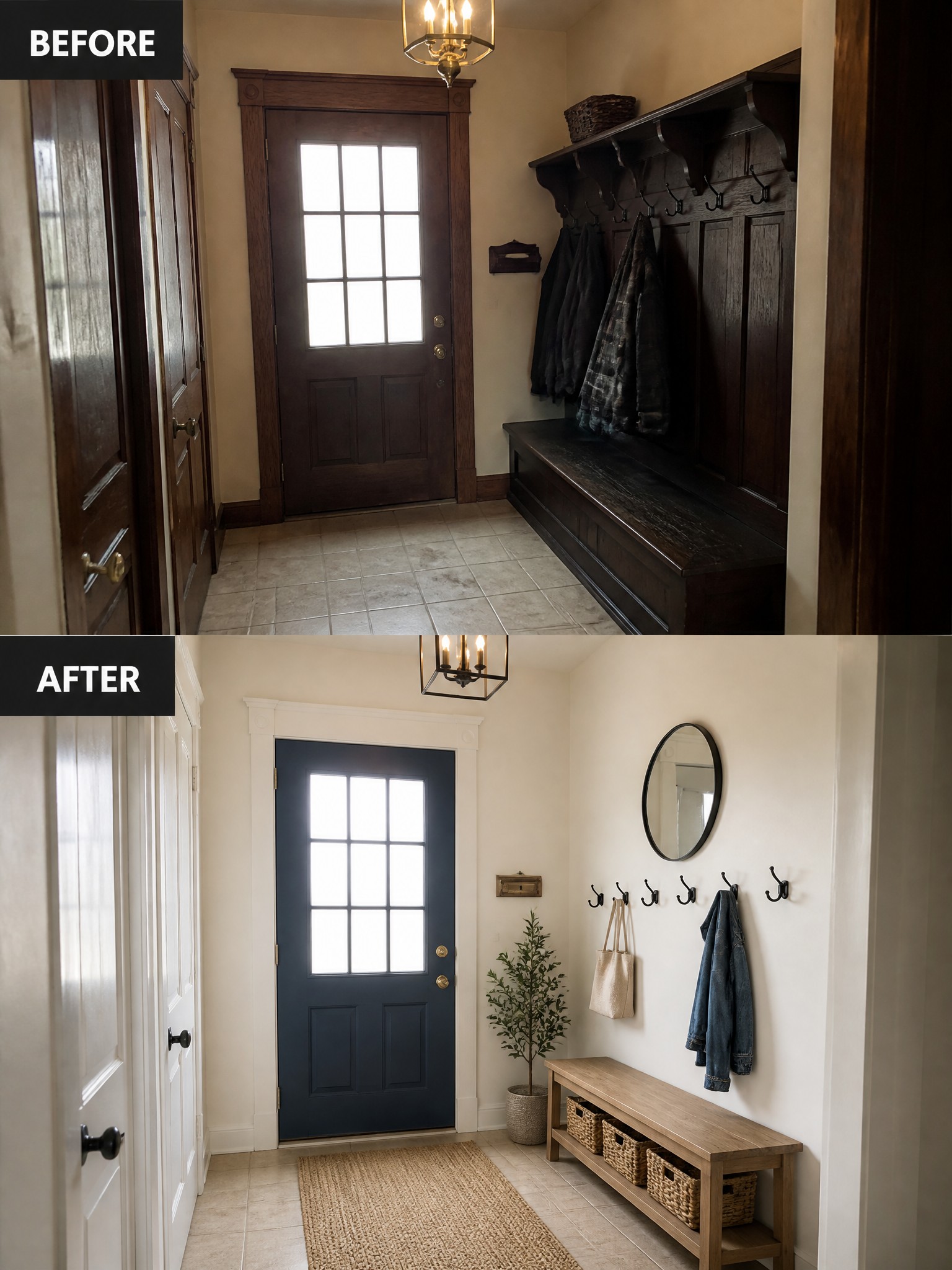 Before-and-after image of a dark wood entryway updated with white trim, a navy door, a light bench, and minimal hooks on the wall.