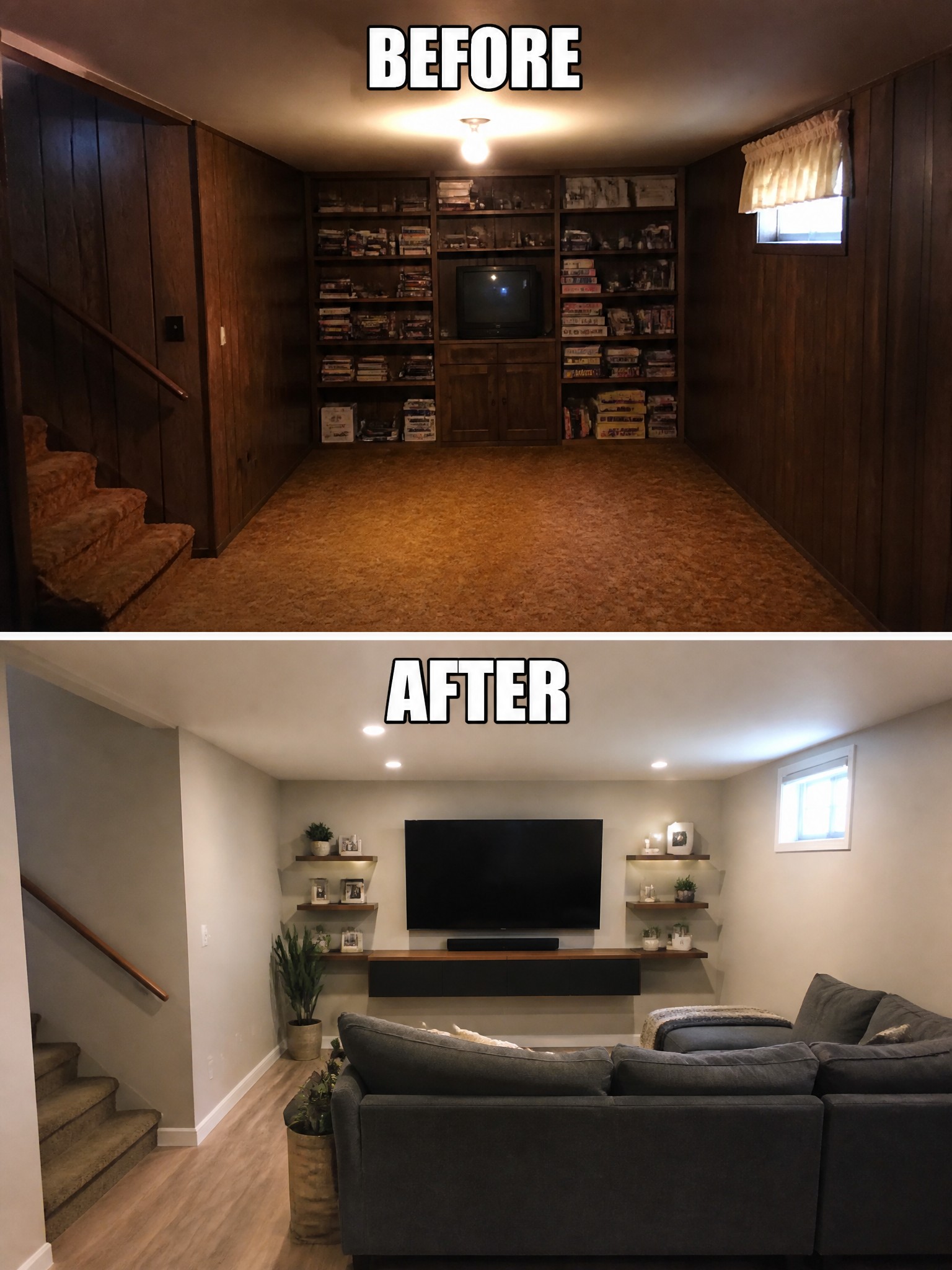 Before and after transformation of a basement with contrasting decor and furnishings.