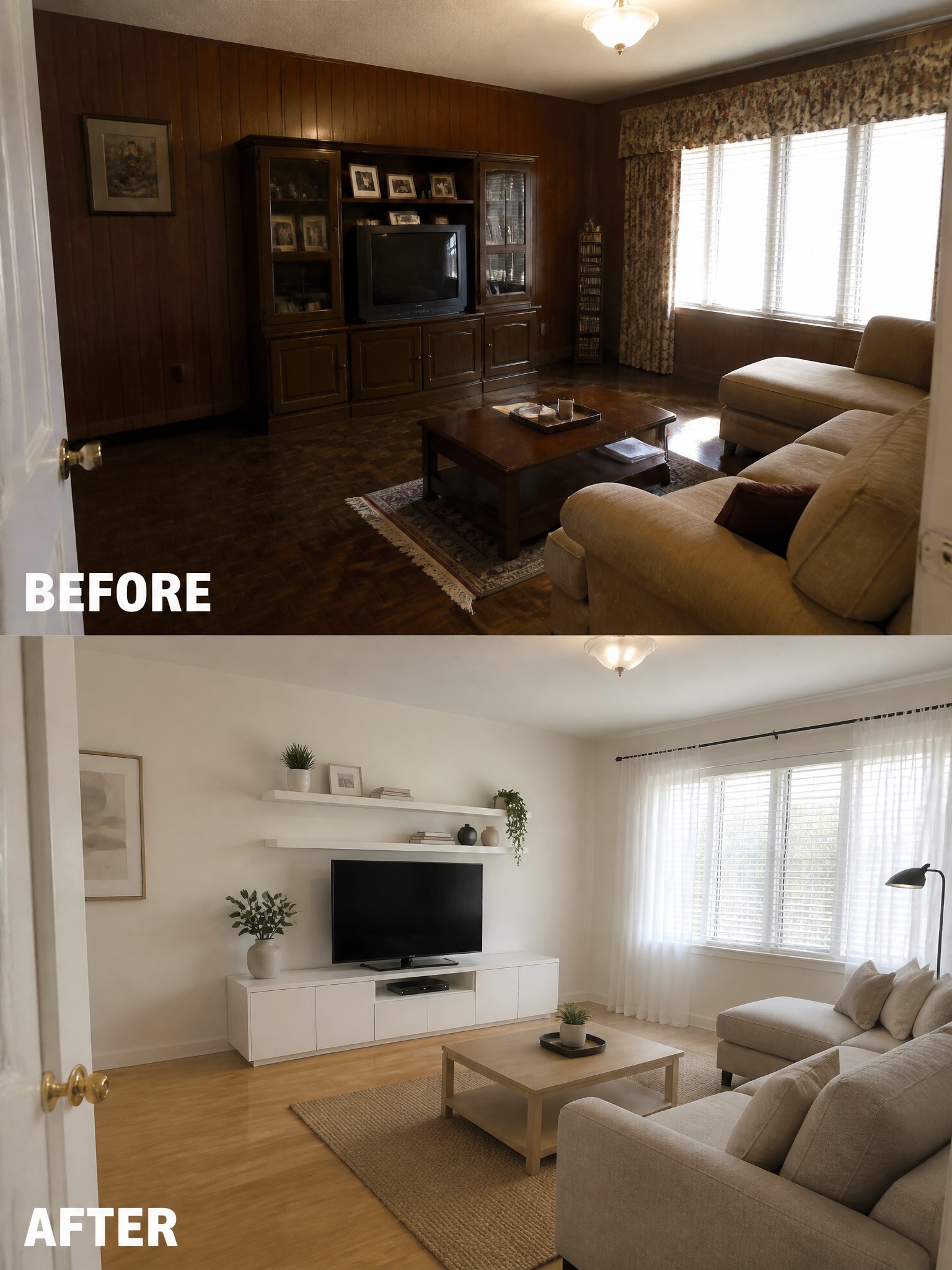 A side-by-side comparison of a living room before and after modern renovation.