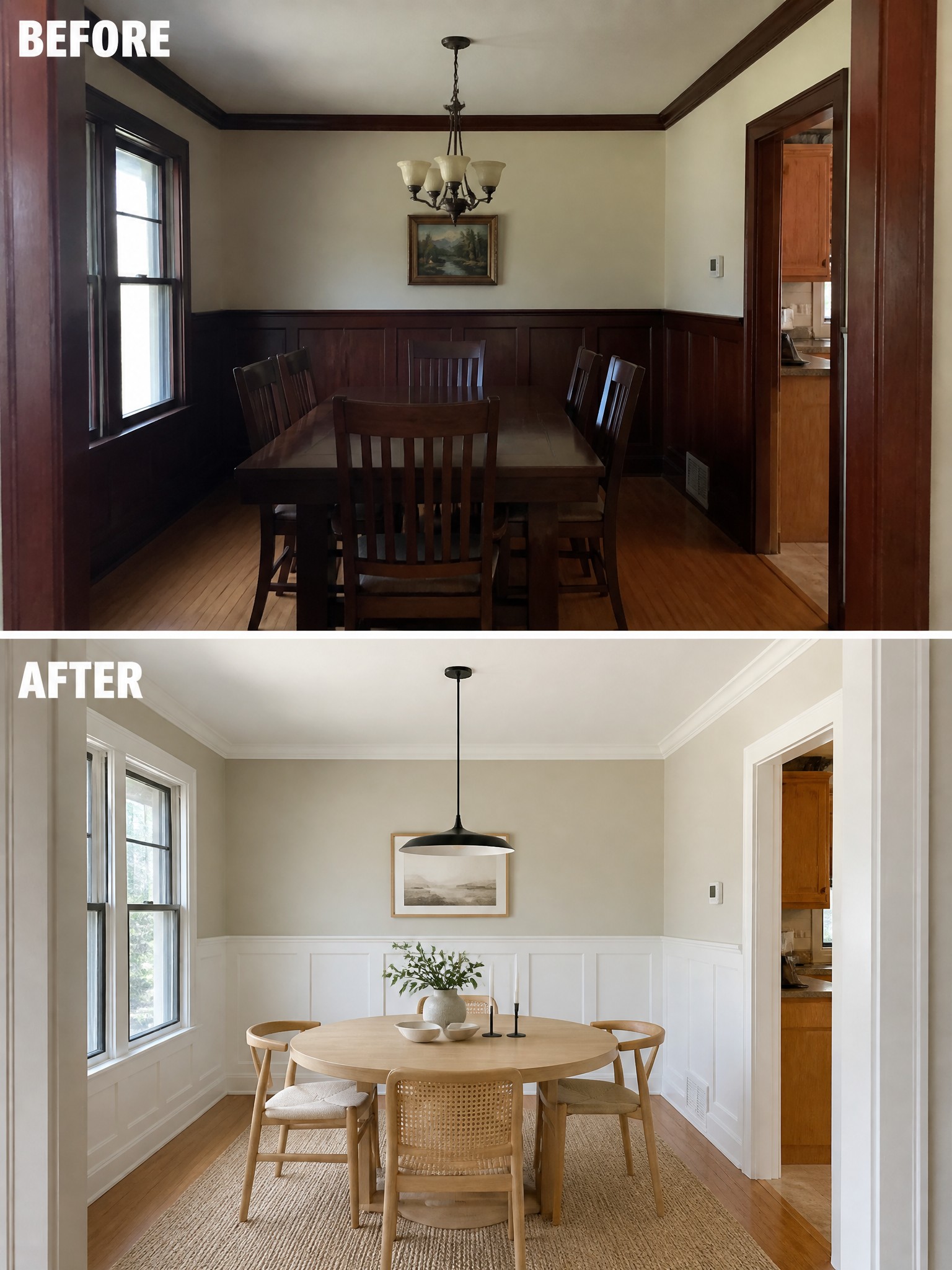 Before-and-after image of a dining room showing dark wood paneling and trim painted white with updated lighter furniture and lighting.