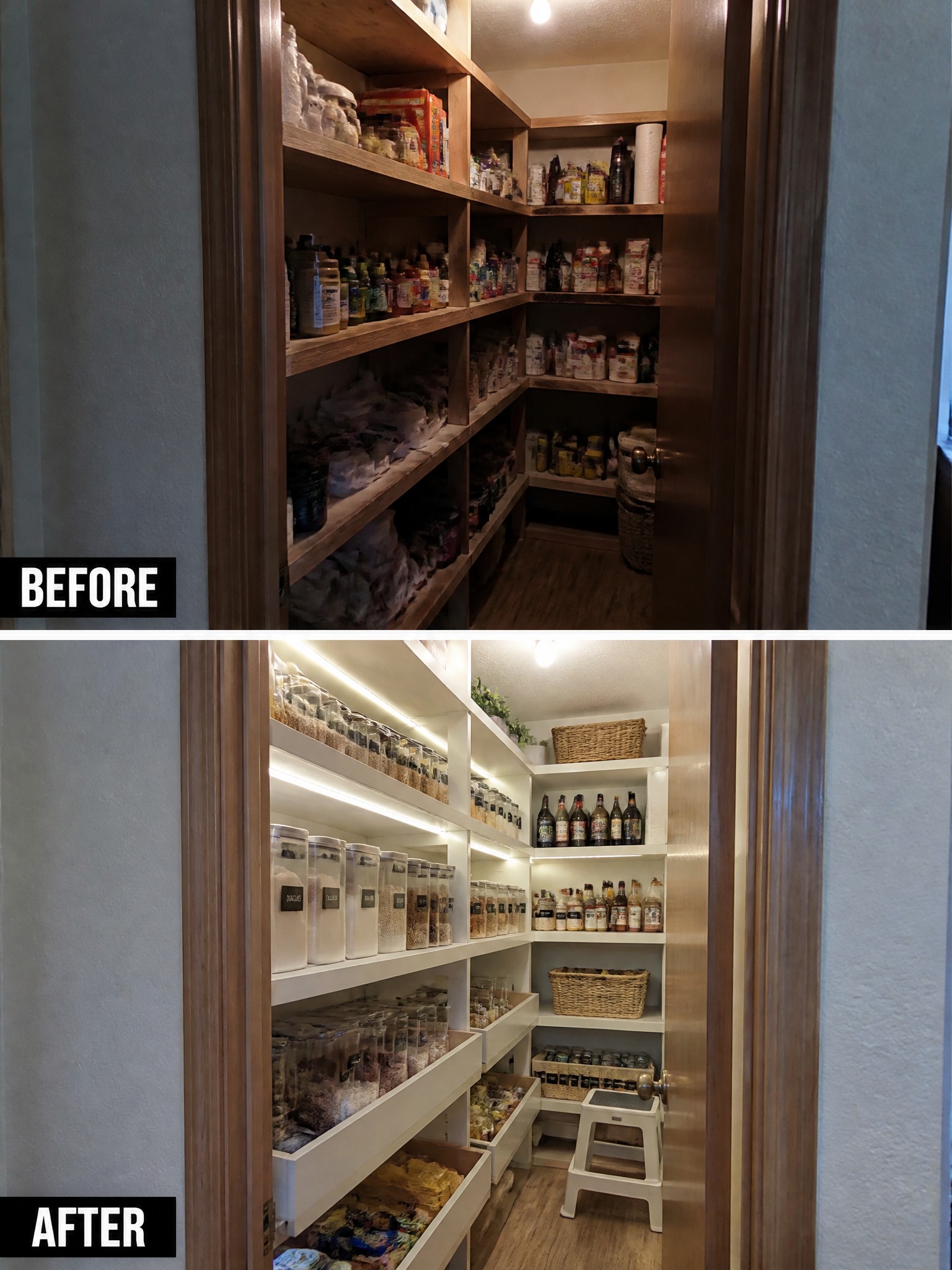 Before-and-after image of a cluttered pantry reorganized with white built-in shelves, clear labeled containers, and pull-out drawers.