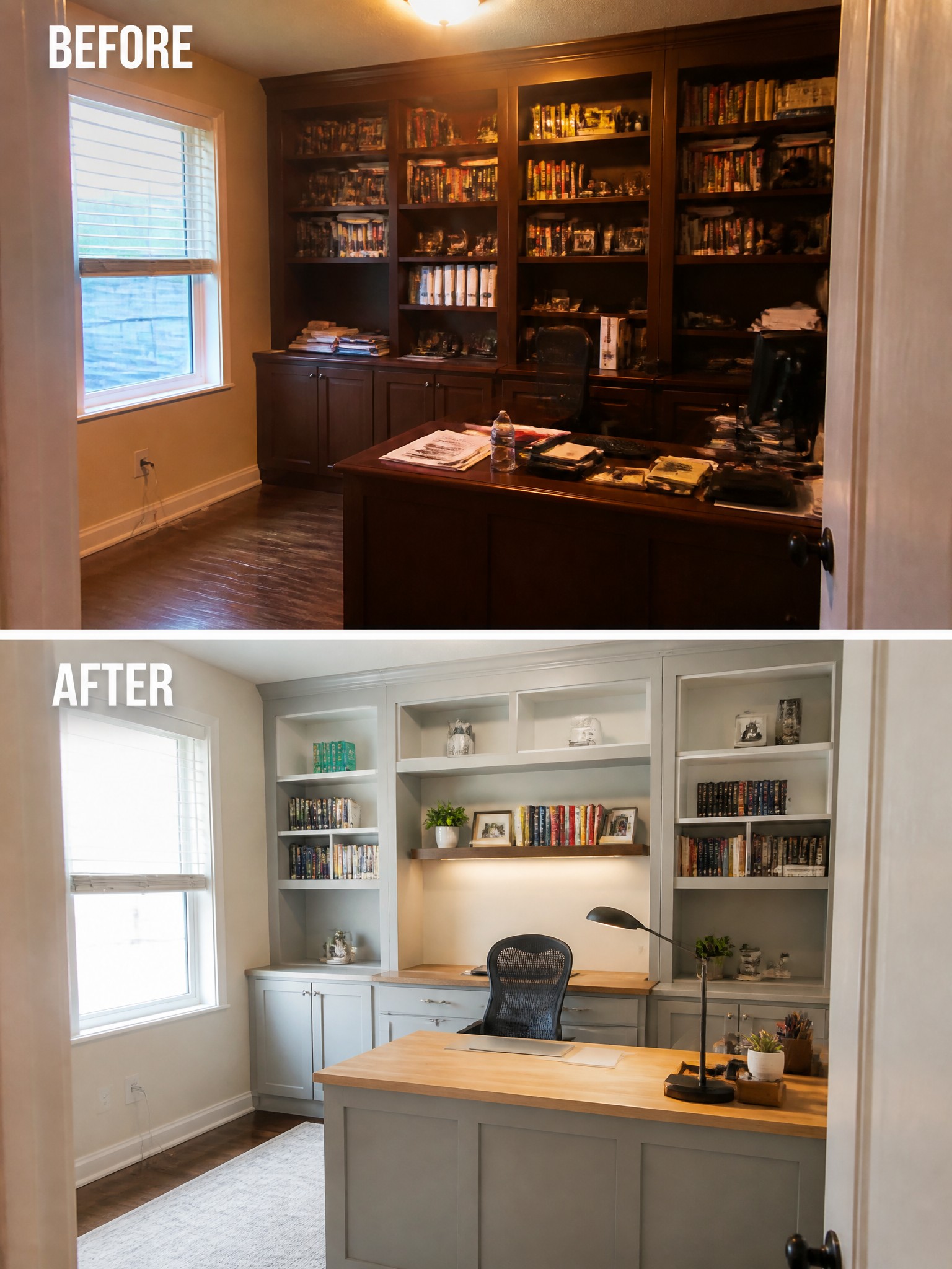 Before-and-after image of a home office showing dark wood built-ins and desk painted light gray with simplified styling.