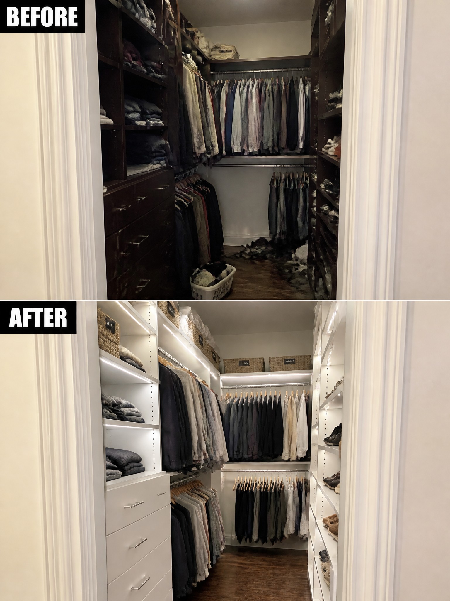 Before-and-after image of a dark wood walk-in closet updated to a bright white organized closet with integrated lighting and woven storage baskets.
