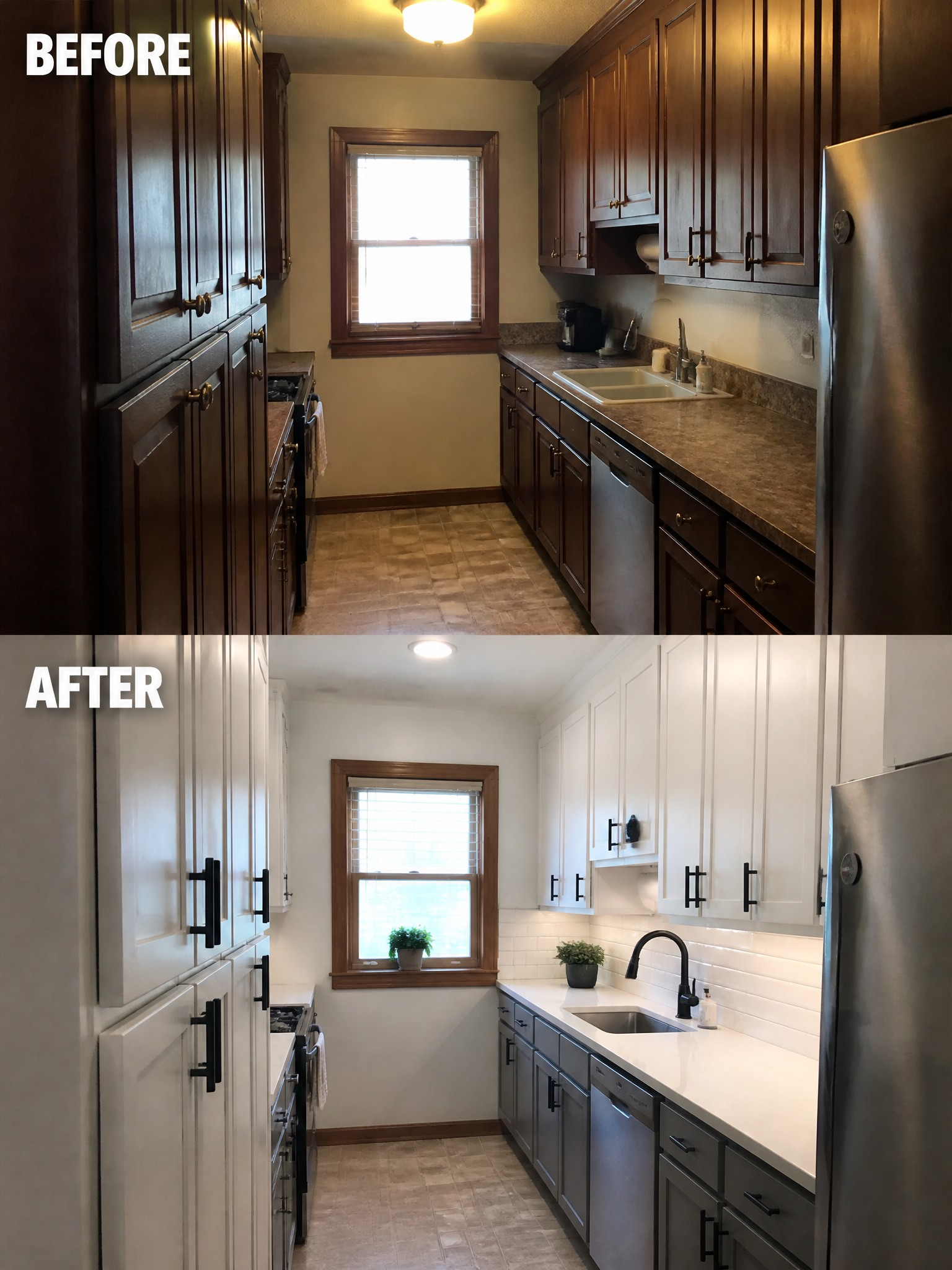 Before-and-after image of a kitchen with dark wood cabinets updated to white and gray cabinets with modern black hardware.