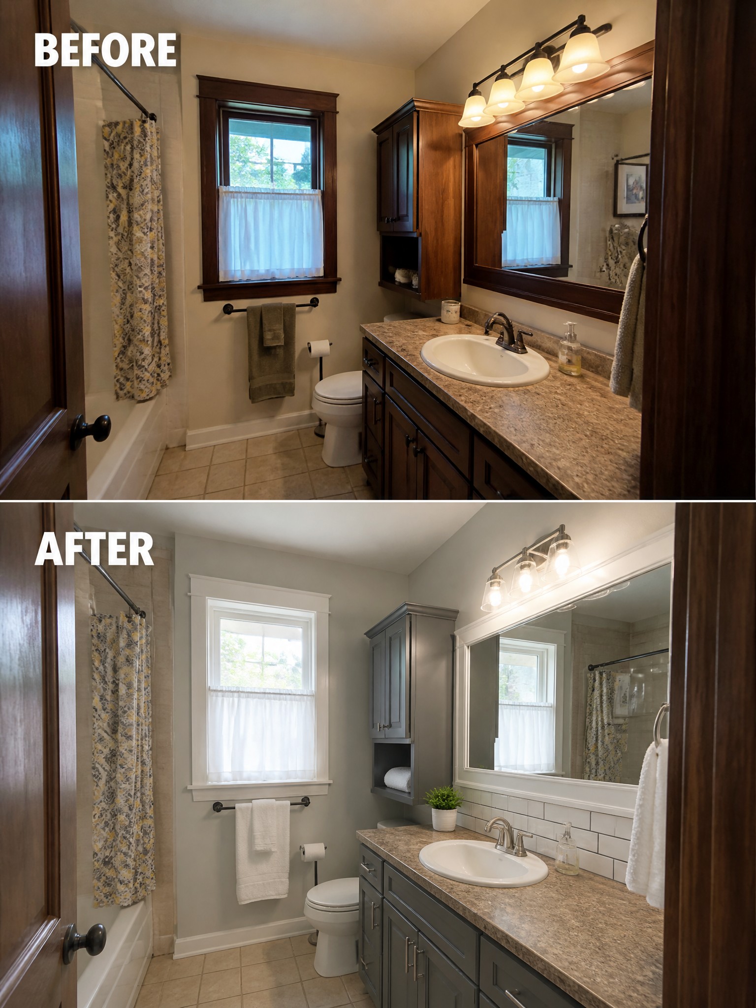 Before and after bathroom renovation showing improved lighting, cabinetry, and fixtures.