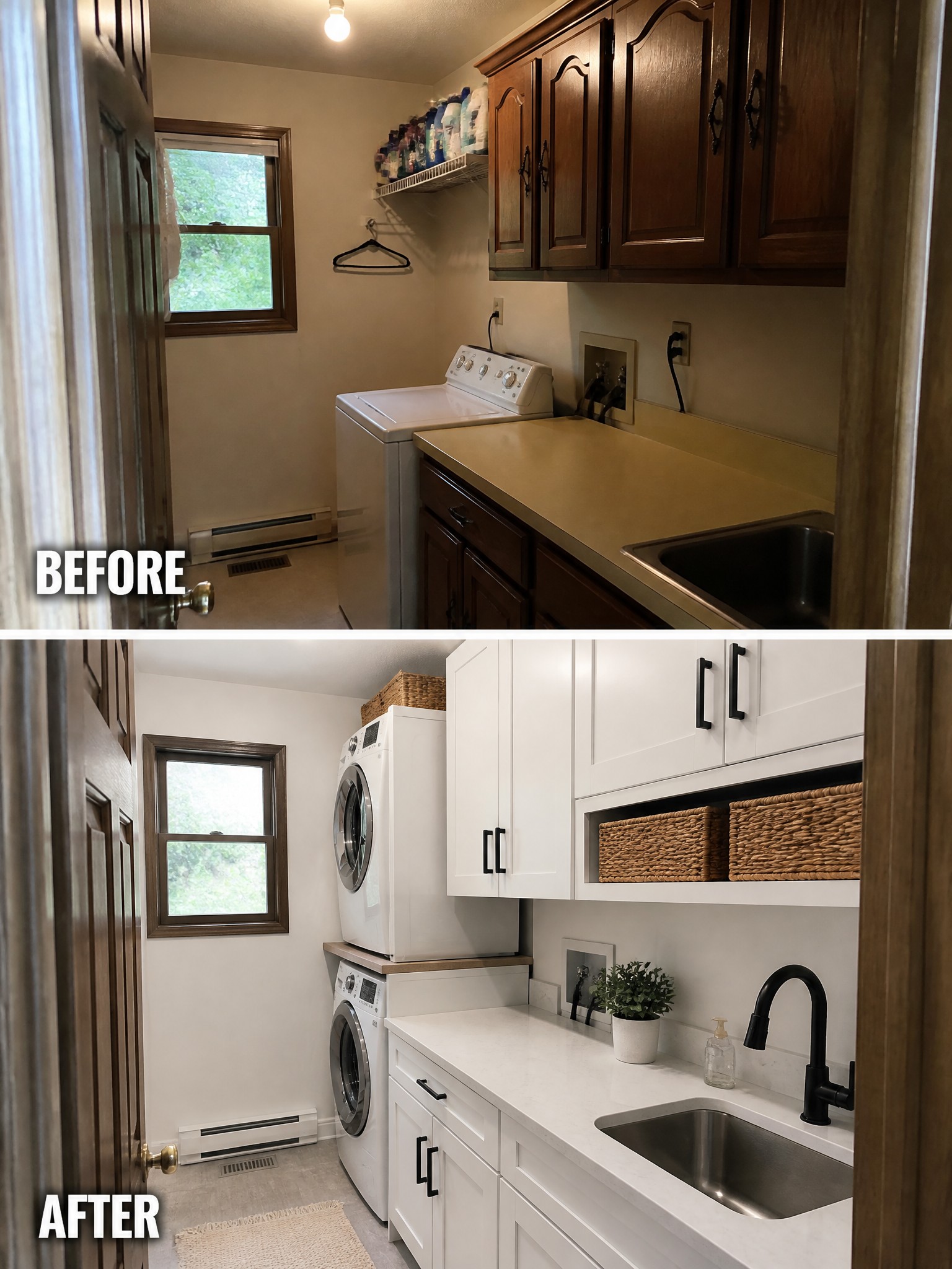 Before-and-after transformation of a laundry room, showcasing dark wood cabinets replaced with white cabinetry.